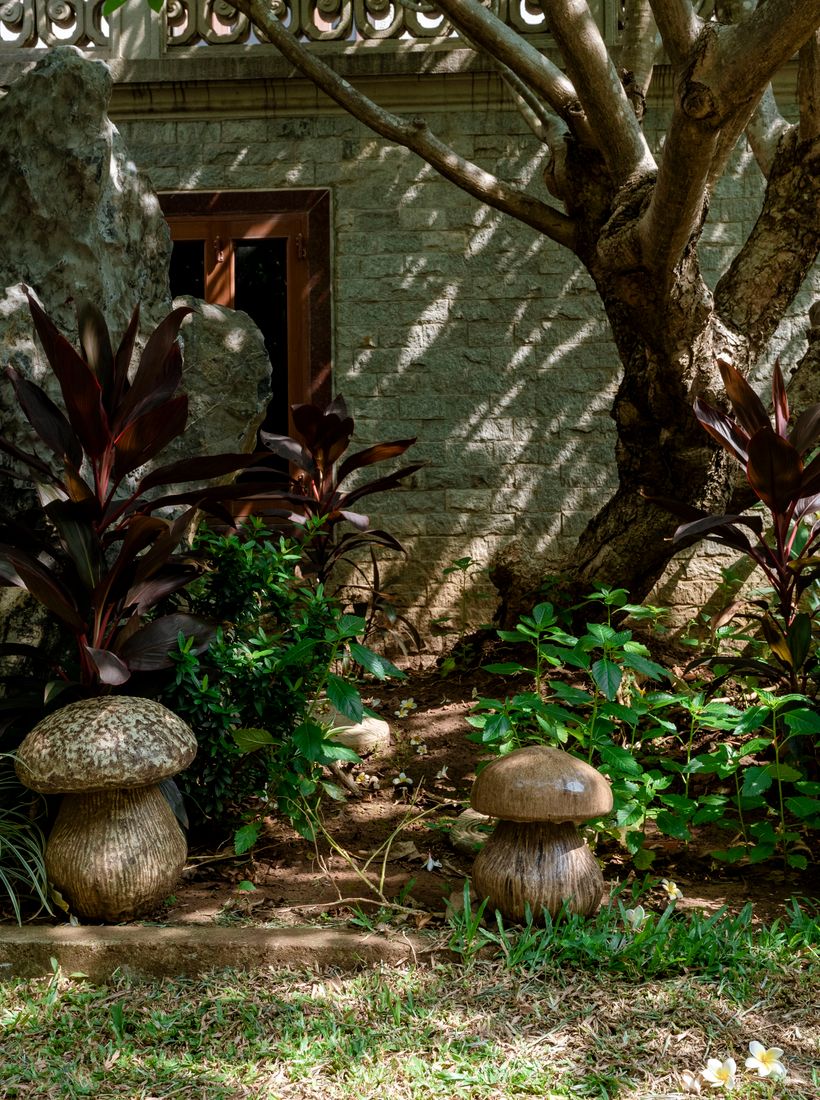 A serene garden with layered plants and stone accents